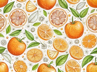 Fun Hand-Drawn Citrus Pattern Featuring Whole and Peeled Oranges for Wrapping Paper, Cards, and Fabrics - Perfect for Vibrant and Playful Packaging Designs