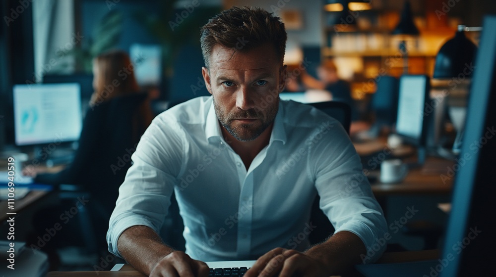 Aufkleber A focused man working intently at a computer in a modern office.