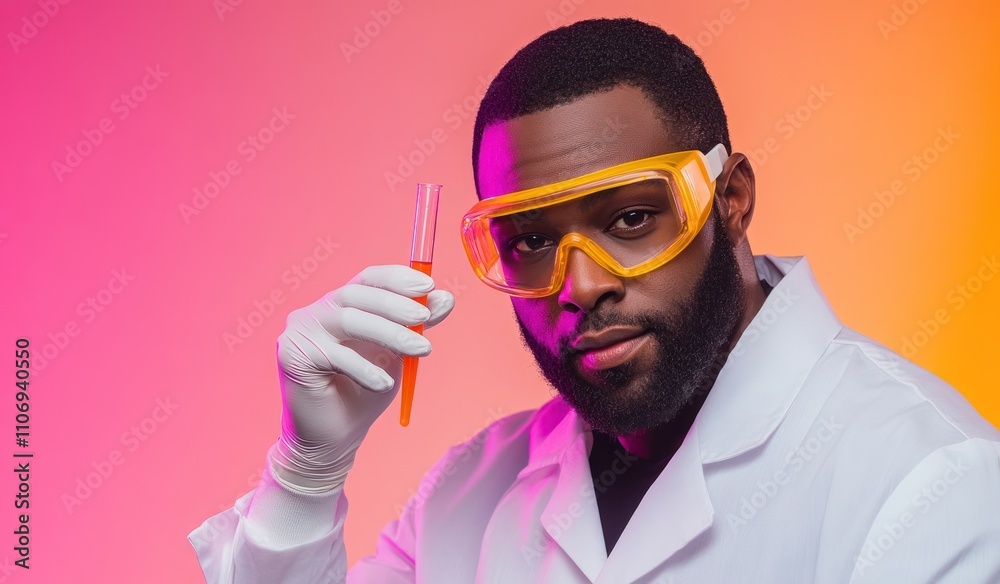 Aufkleber a scientist in a lab coat holds a test tube, showcasing an experiment against a colorful backdrop.