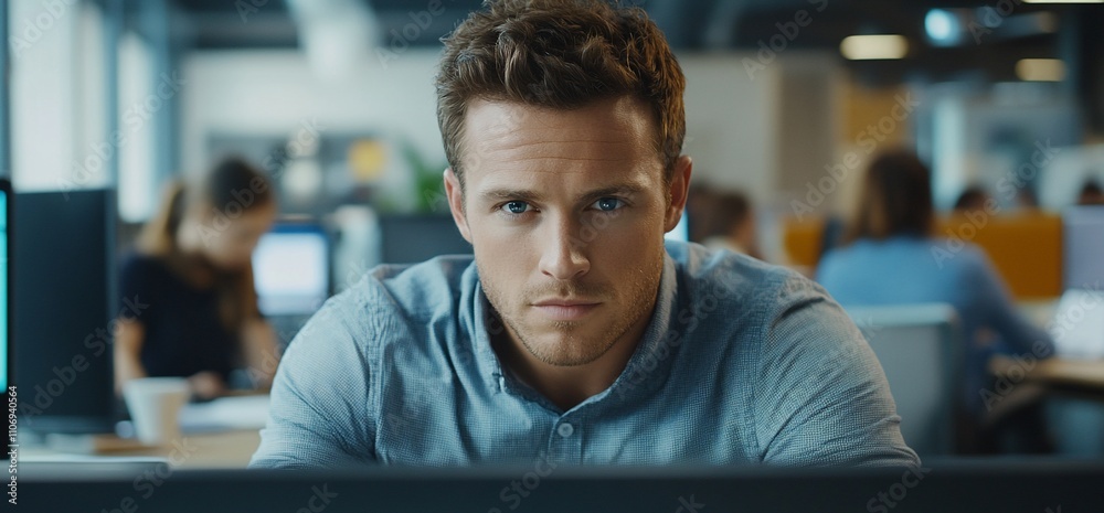 Poster a focused man working intently in a modern office environment.