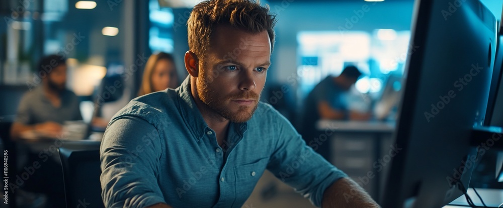 Poster a focused man working on a computer in a modern office environment.