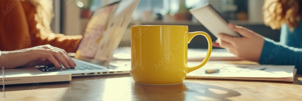 Poster a yellow mug sits on a table surrounded by laptops and tablets, indicating a work or study session.