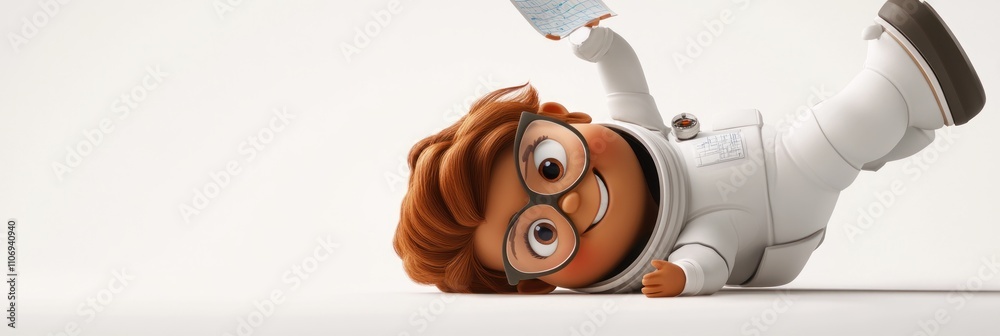 Poster a cheerful cartoon character in a spacesuit, lying down and holding a piece of paper.