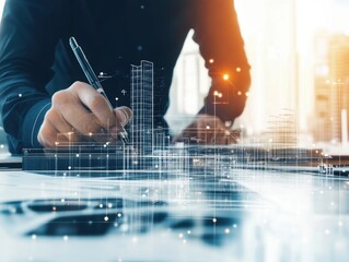  A designer or architect working on a digital blueprint, with holographic building visuals overlayed, suggesting modern technology in architectural planning.