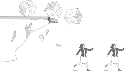 Big Dice falling off a cliff, people are screaming and escaping. Risk prevention and risk management is important. Fear of uncertainty or fear of risk
