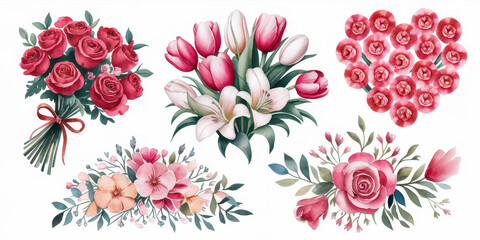 Watercolor Floral Delights: A vibrant collection of hand-painted floral bouquets, featuring elegant roses, delicate tulips, and charming lilies.