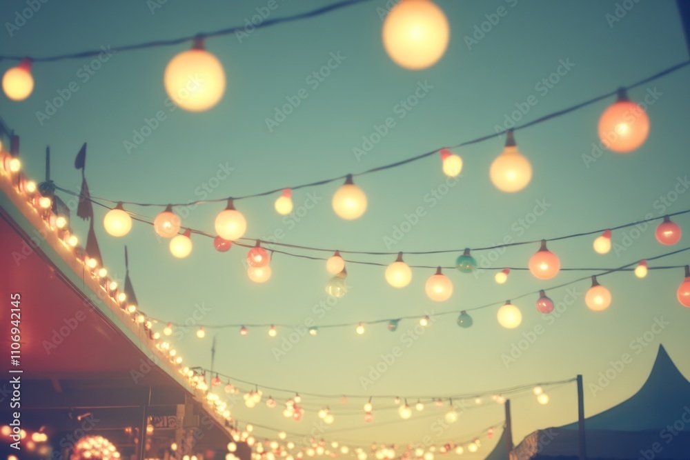 Poster colorful string lights illuminate an outdoor space during twilight, creating a festive atmosphere.