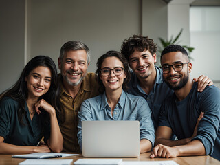 Fototapeta premium Happy diverse business team posing for professional corporate portrait at workplace. Multiethnic different aged group of colleagues looking at camera with toothy smile, sitting at table with laptop