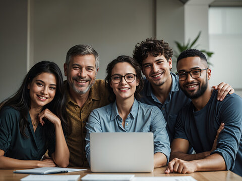 Happy diverse business team posing for professional corporate portrait at workplace. Multiethnic different aged group of colleagues looking at camera with toothy smile, sitting at table with laptop - Powered by Adobe