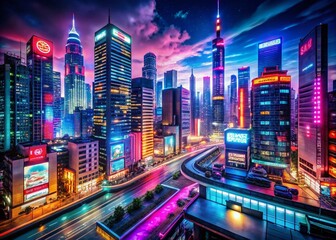 Obraz premium Futuristic Cityscape with Neon Signs Illuminating the Night Sky, Showcasing a Vibrant Urban Environment with Copy Space for Text and Creative Use in Various Media