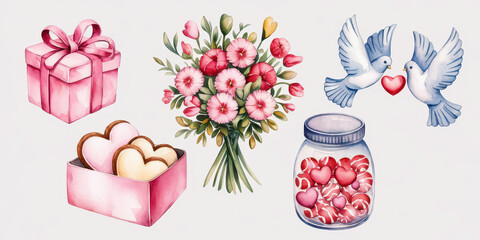Naklejka premium Valentine's Day Watercolor Collection: A charming assortment of watercolor illustrations perfect for Valentine's Day, featuring a gift box, flower bouquet, heart-shaped cookies, and lovebirds.