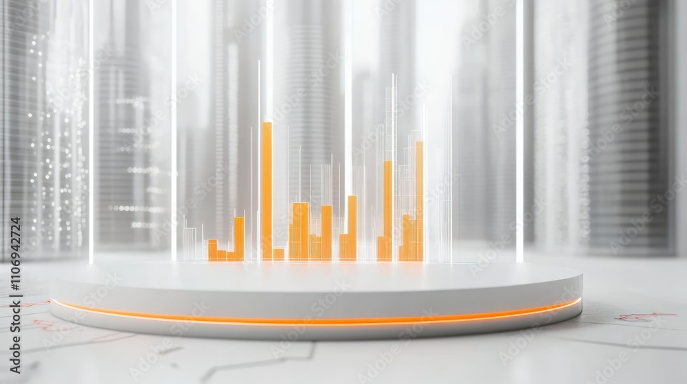 Poster a futuristic display showcasing orange data bars in a sleek, modern environment.