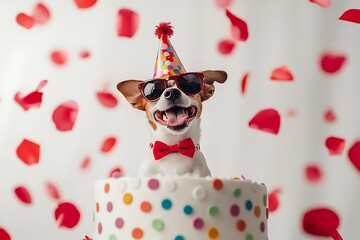 A dog wearing a party hat and sunglasses is sitting on top of a cake