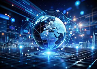 Fototapeta premium Futuristic Digital Business World: High Depth of Field Conceptual Background in Dark Blue Technology with Abstract Patterns and Glowing Elements for Innovative Solutions