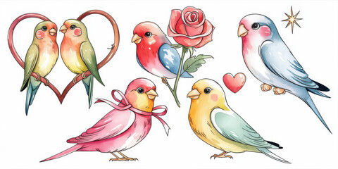 Obraz premium Lovebirds Watercolor Illustration: A collection of adorable lovebirds in vibrant watercolor hues, perfect for Valentine's Day, wedding stationery, or any project that needs a touch of love and whimsy.