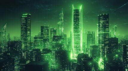 modern financial stock market background in the style of green trading chart and cityscape