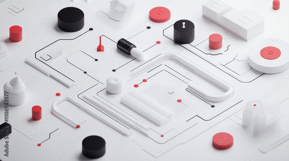 Poster abstract design featuring geometric shapes and lines in red, black, and white.