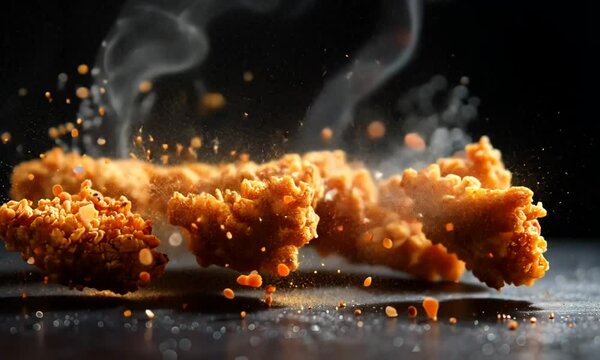 Close-up of golden particles falling on dark surface.