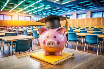 Futuristic Financial Education: Piggy Bank, Graduate Hat, and Student Loans Concept for Scholarships in a High-Tech Learning Environment