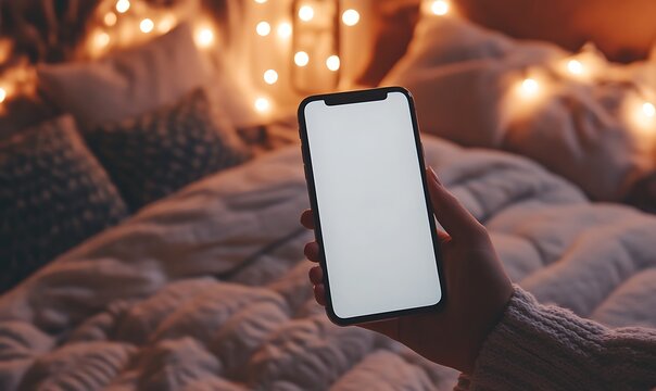 Person holding smartphone in cozy bedroom setting
