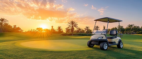 A golf cart parked on a lush green golf course at sunset.