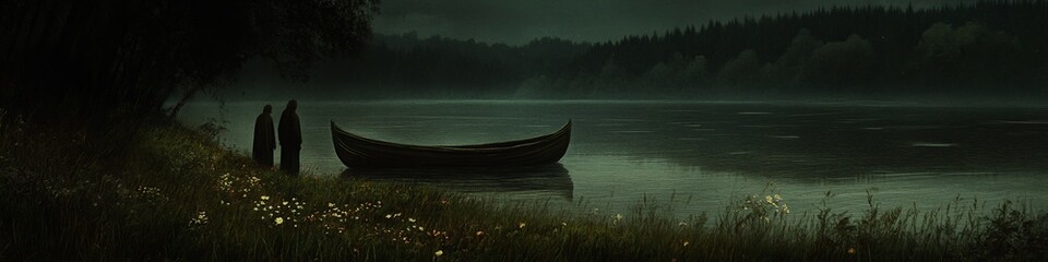 Obraz premium Two figures stand by a serene lake at dusk, with a boat gently resting on the still water.