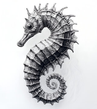 detailed grayscale seahorse on white background