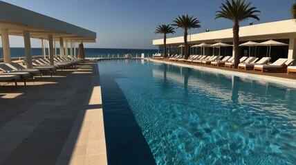 Obraz premium Luxury resort pool with ocean view, lounge chairs, and palm trees.