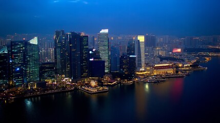 Nighttime View of a Modern City Skyline with a River