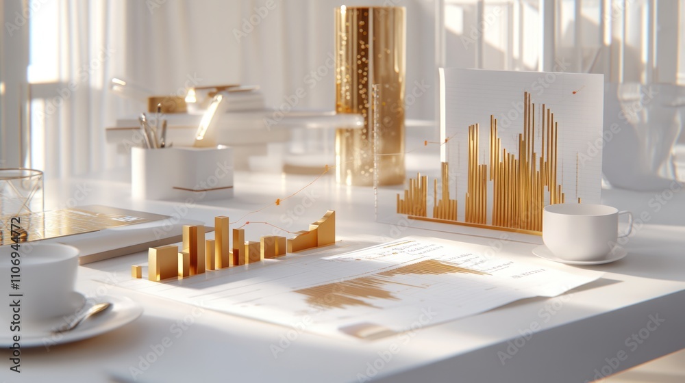 Poster A modern workspace featuring financial charts and data visualizations in a bright setting.