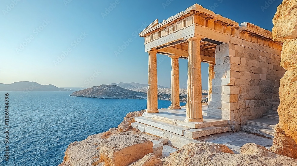 Wall mural Ancient temple structure overlooking a serene sea, showcasing historical architecture.