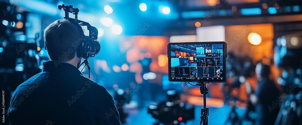Fototapete a media operator monitors a live broadcast setup with cameras and screens.