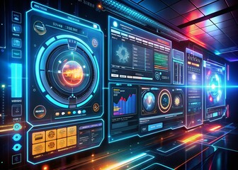 Obraz premium Futuristic HUD Screens for GUI UI Design, Virtual Reality, Cyberspace, Digital Templates, High-Tech Callout Bars and Labels, Windows Collection in Macro Photography Style