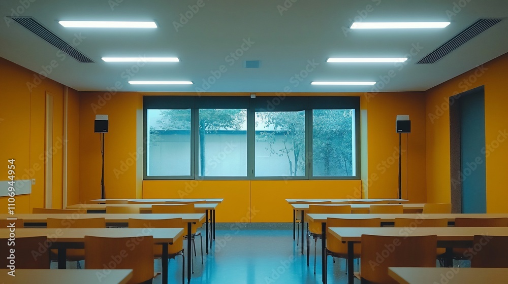 Poster A modern classroom with rows of desks and large windows.