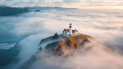 Fototapeta premium A serene lighthouse perched on a rocky cliff, surrounded by misty clouds and a soft sunrise, offering a tranquil coastal scene.
