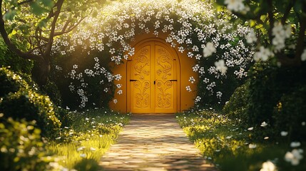 A vibrant yellow gate with carved floral patterns, framed by delicate white jasmine vines cascading gracefully, sunlight streaming through the leaves, creating a tranquil and rustic garden path,