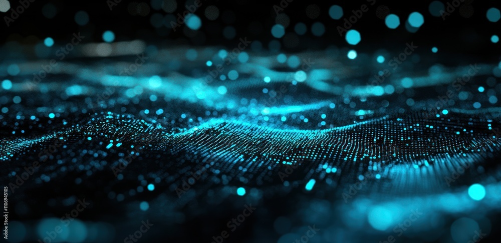 Aufkleber Abstract representation of digital waves with glowing particles in a dark environment.