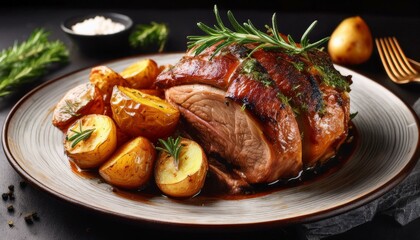 roast pork with potatoes on white background