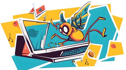 sticker depicting a comic bug character tackling a computer