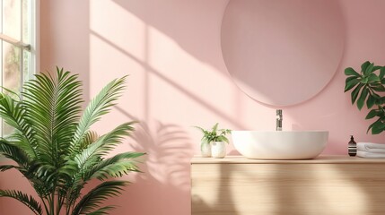 A modern bathroom featuring a pink wall and stylish sink.