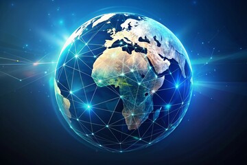 Fototapeta premium Futuristic Low Polygonal Earth Globe on a Blue Background in Minimalist Style, Symbolizing Global Connectivity and Technology Advancement