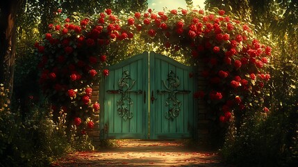 A vintage-inspired mint-green gate with delicate rose carvings, entwined with climbing roses in rich shades of red and pink, warm sunlight casting dappled shadows, a nostalgic countryside garden path,