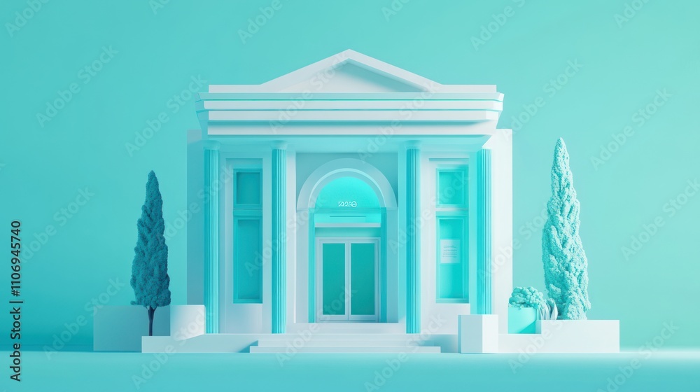 Poster a stylized, modern building with columns and greenery, set against a turquoise background.