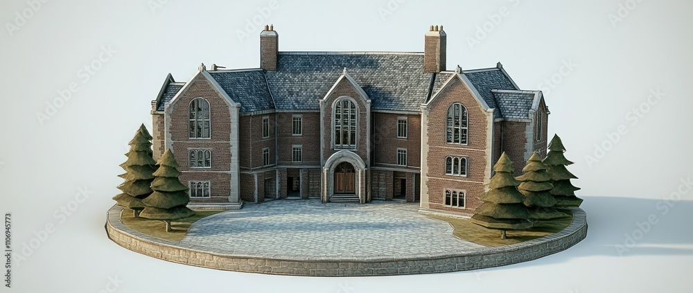 Poster a detailed 3d model of a large brick mansion with surrounding trees.