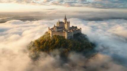 Naklejka premium A stunning aerial view of a castle perched atop a hill, surrounded by clouds, creating a mystical and enchanting atmosphere.