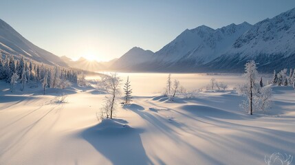 A serene winter landscape featuring snow-covered mountains, a frozen lake, and soft sunlight illuminating the peaceful scene.