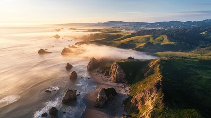 Obraz premium A stunning aerial view of a coastal landscape featuring rocky formations, lush green hills, and soft waves under a serene sky at sunrise.
