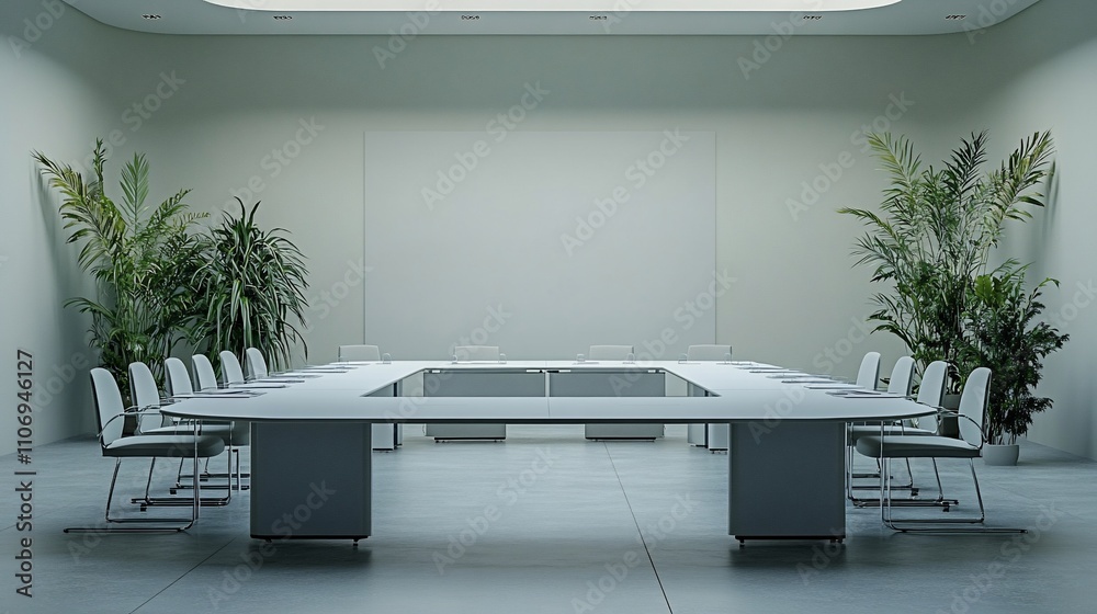 Poster a modern conference room with a large table and greenery.
