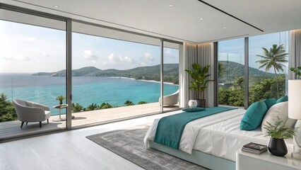 Fototapeta premium Luxury Bedroom with Ocean View and Modern Minimalist Design V7