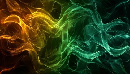 An abstract green and orange smoke cloud blending with a black background evokes a sense of movement and mystery for artistic or professional use.